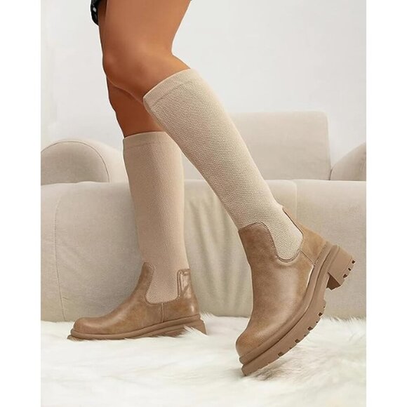 🆕 MOUSSE FIT Women’s Apricot Knee High Boots Chunky Heel Lug Sole Rubber - Picture 4 of 6